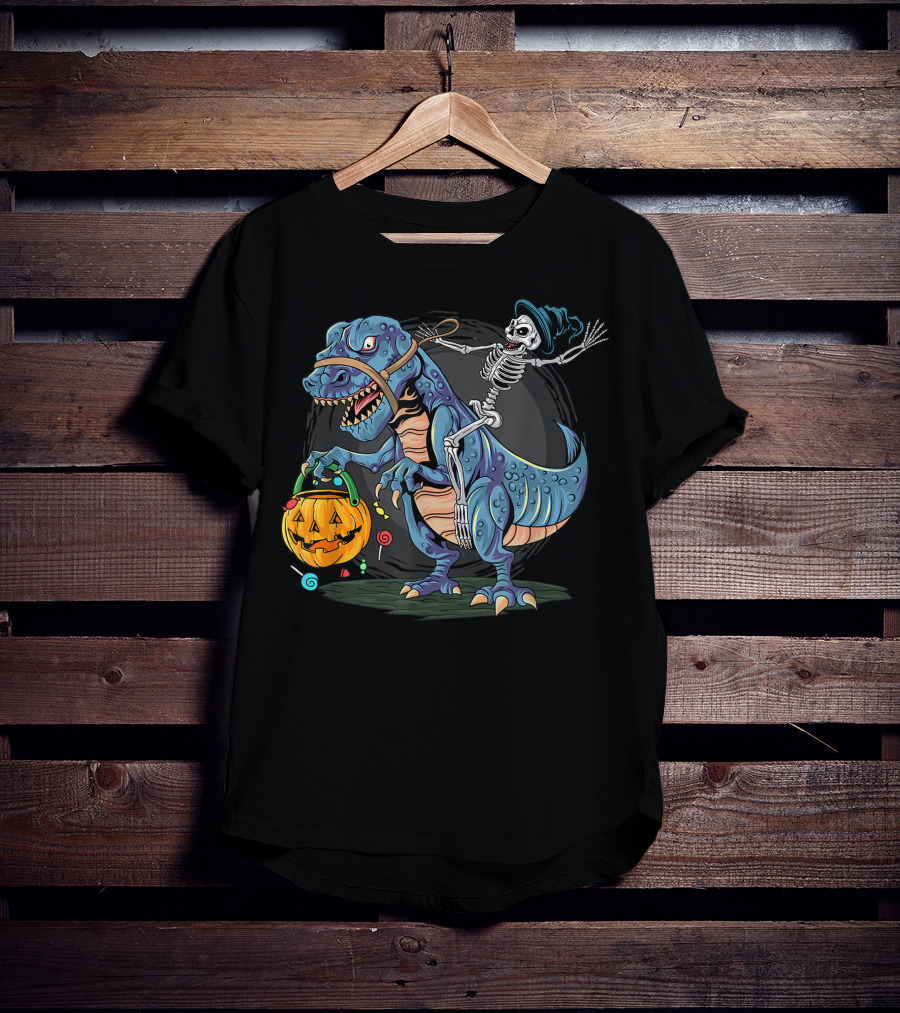 Skeleton With Candy Pumpkin Riding Rex Halloween T-Shirt