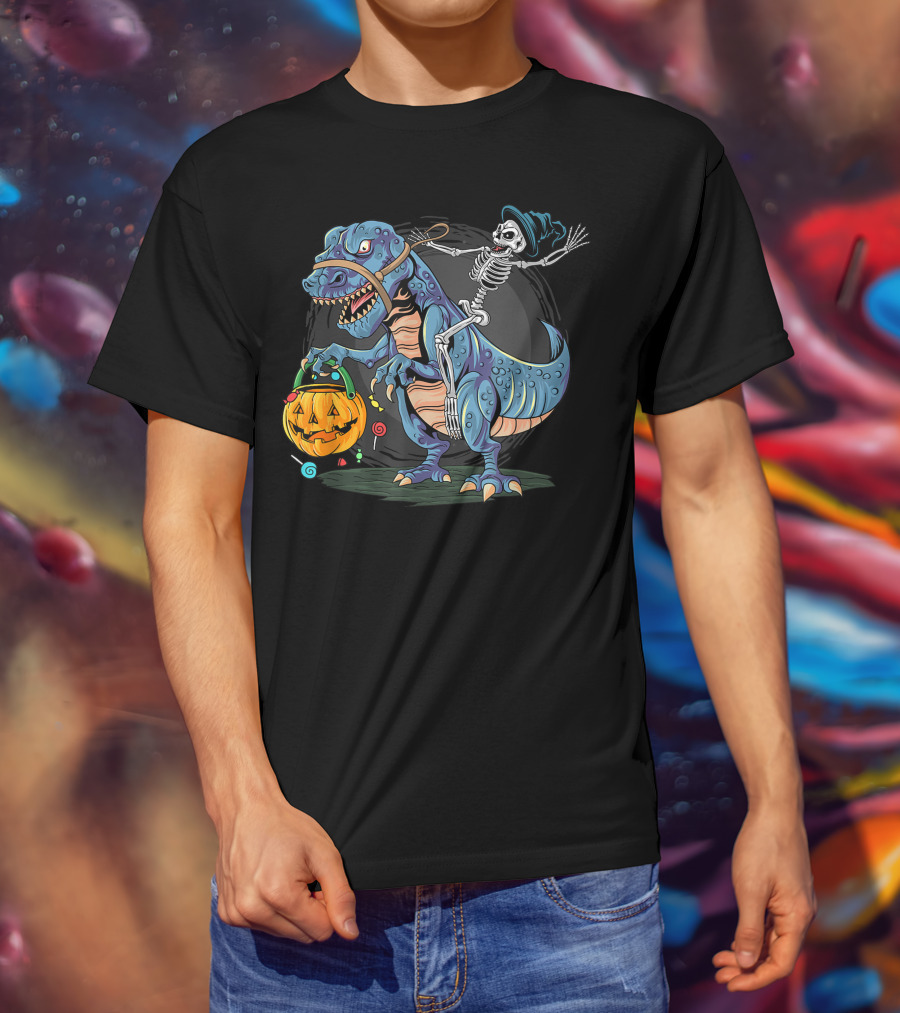 Skeleton With Candy Pumpkin Riding Rex Halloween T-Shirt
