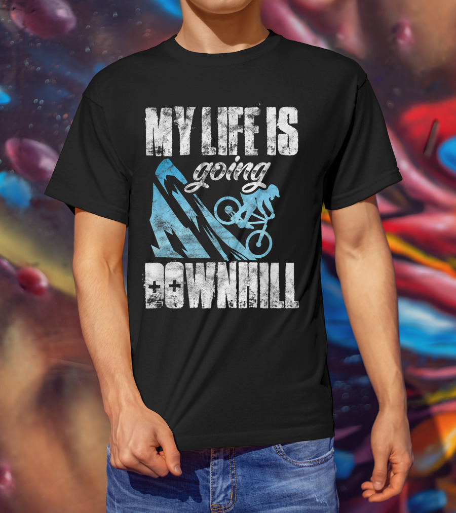 My Life Is Going Downhill Funny Mountain Biking Graphic With Cyclist And Mountain T-Shirt