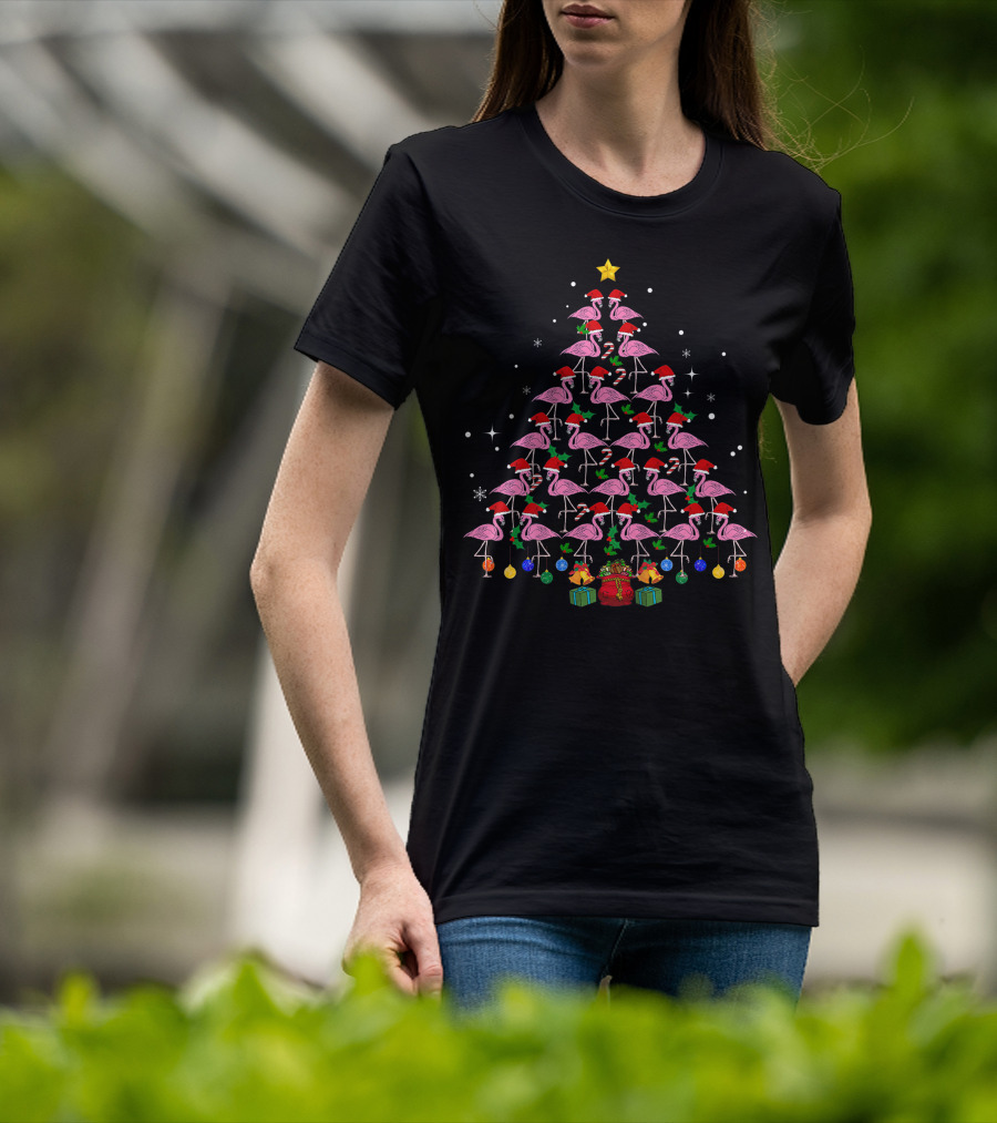 Funny Flamingo Santa Hat Christmas Tree With Presents For Girl T-Shirt