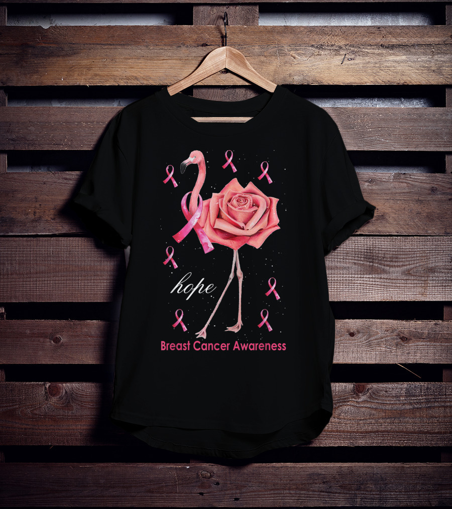 Hope Flamingo Breast Cancer Awareness Pink Ribbon Flower T-Shirt