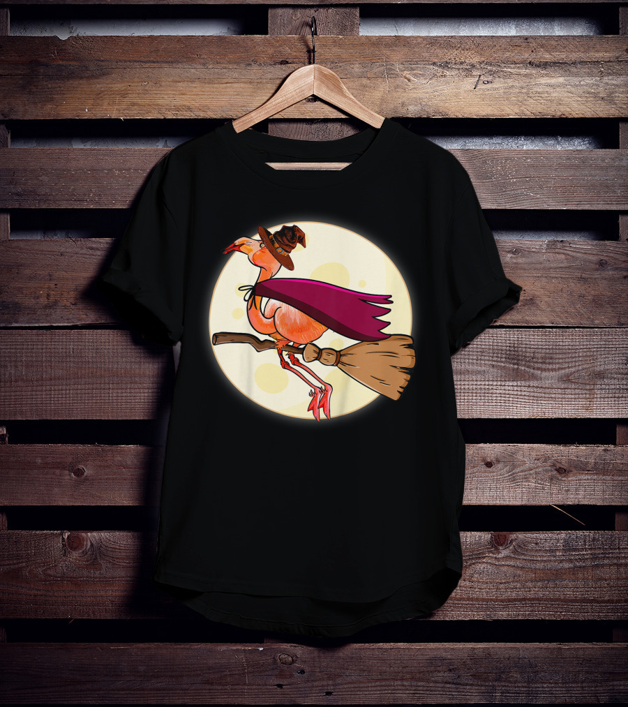 Funny Flamingo Witch Halloween Costume Colorful Lovers Broomstick Moon Hat T-Shirt