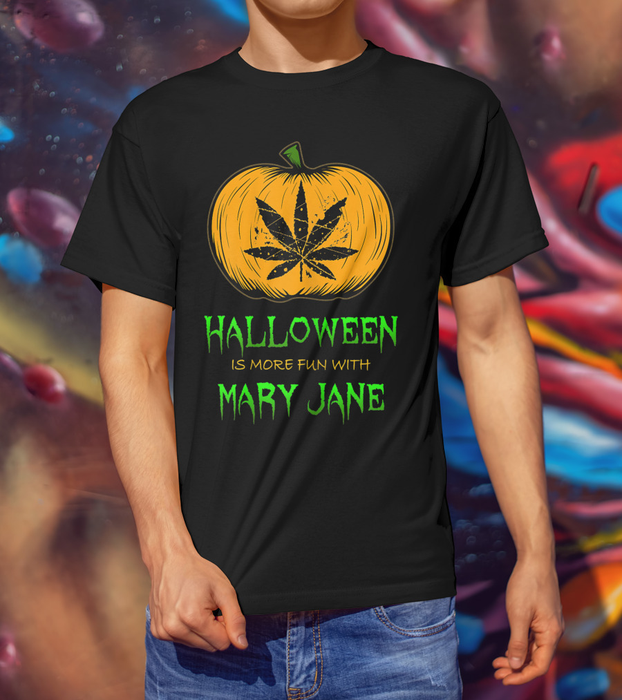 Halloween Is More Fun With Mary Jane Pumpkin Weed Leaf T-Shirt