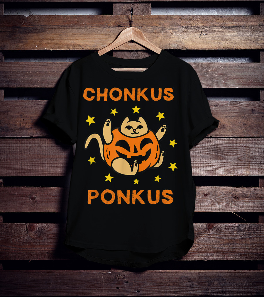 Chonkus Ponkus Funny Halloween Pumpkin Chubby Cat With Stars T-Shirt