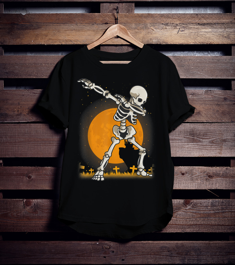Dabbing Skeleton Dab Best Costume Halloween Moon Graveyard T-Shirt
