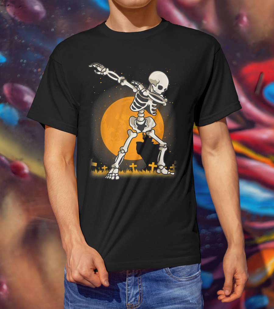 Dabbing Skeleton Dab Best Costume Halloween Moon Graveyard T-Shirt