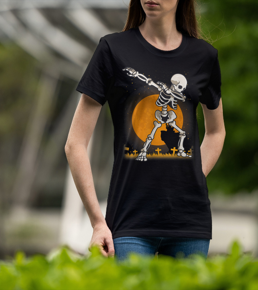 Dabbing Skeleton Dab Best Costume Halloween Moon Graveyard T-Shirt