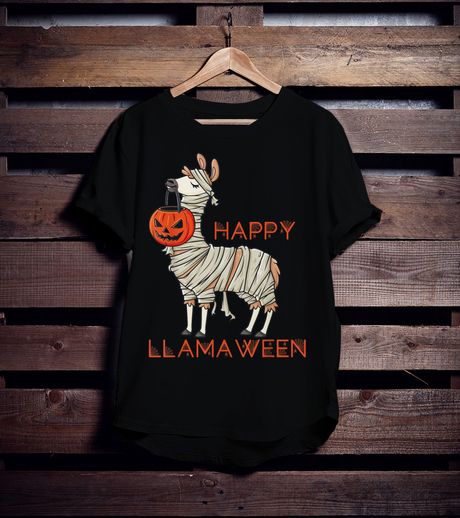 Halloween Llama Mummy Holding Pumpkin Happy Llamaween T-Shirt