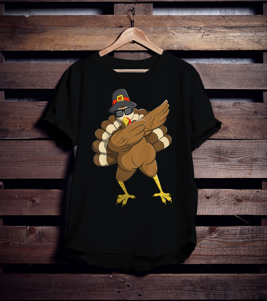 Happy Thanksgiving Day Family Funny Dab Turkey With Pilgrim Hat T-Shirt