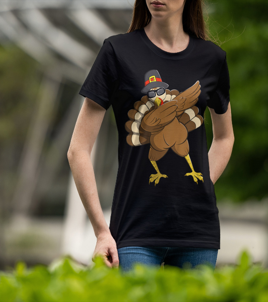 Happy Thanksgiving Day Family Funny Dab Turkey With Pilgrim Hat T-Shirt