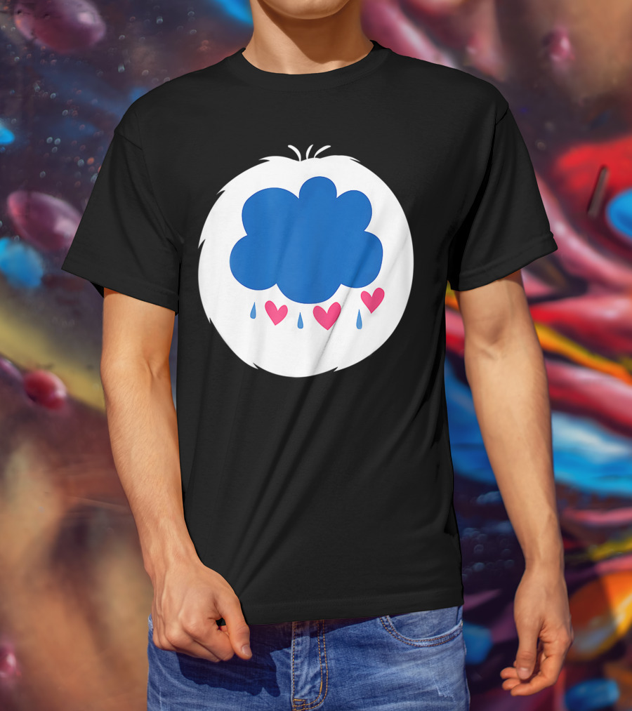 Grumpy Care Bear Blue Cloud With Hearts And Raindrops T-Shirt