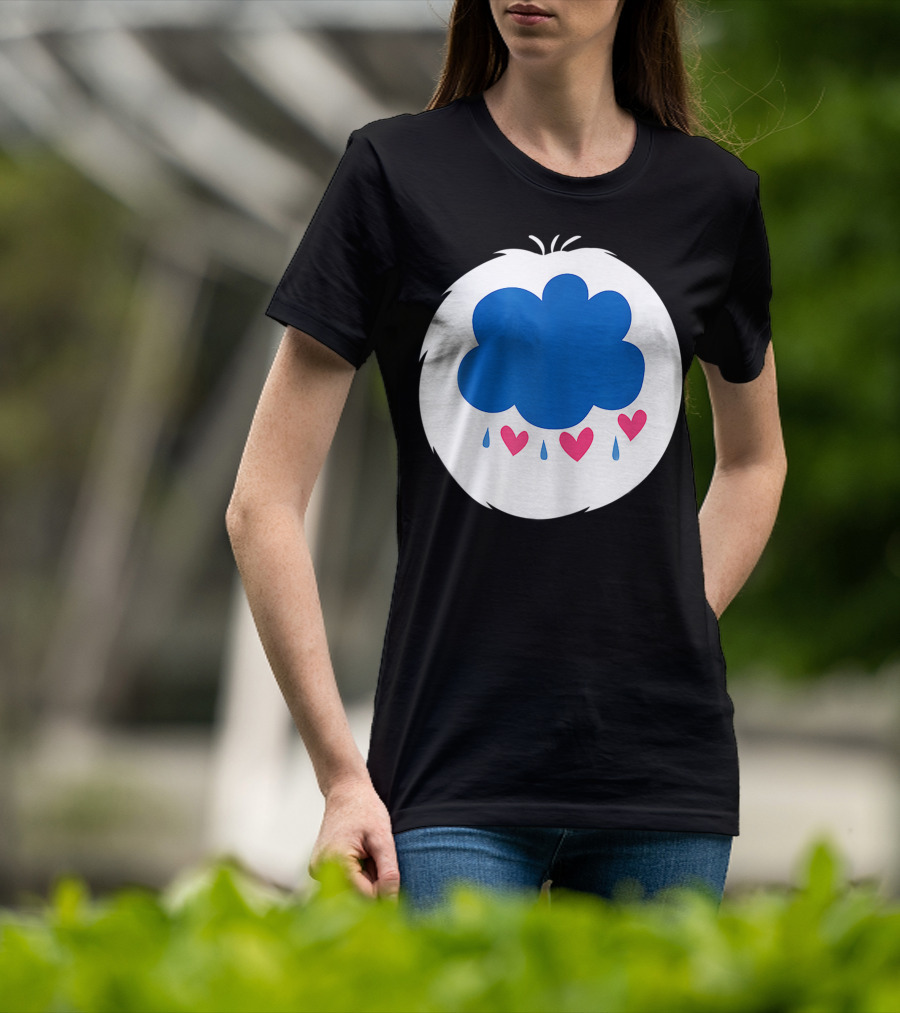 Grumpy Care Bear Blue Cloud With Hearts And Raindrops T-Shirt