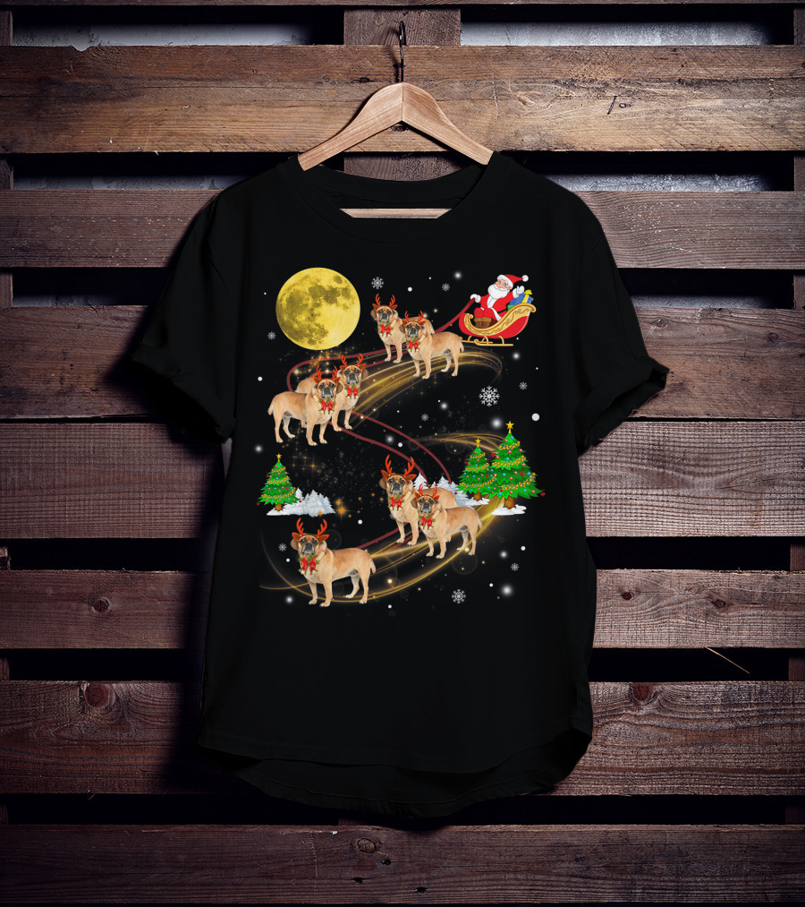 Puggle Reindeer Christmas Santa Sleigh Full Moon Holiday Scene T-Shirt