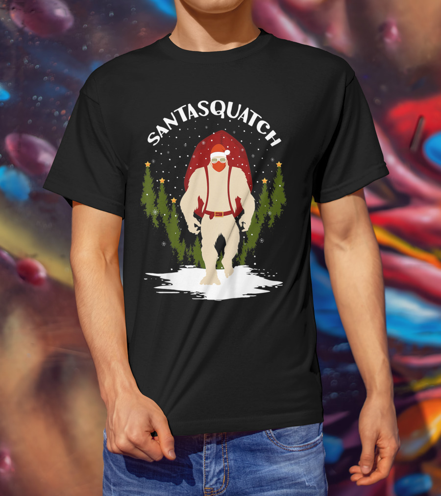 Santasquatch Bigfoot Christmas Santa Hat With Trees And Snowflakes T-Shirt