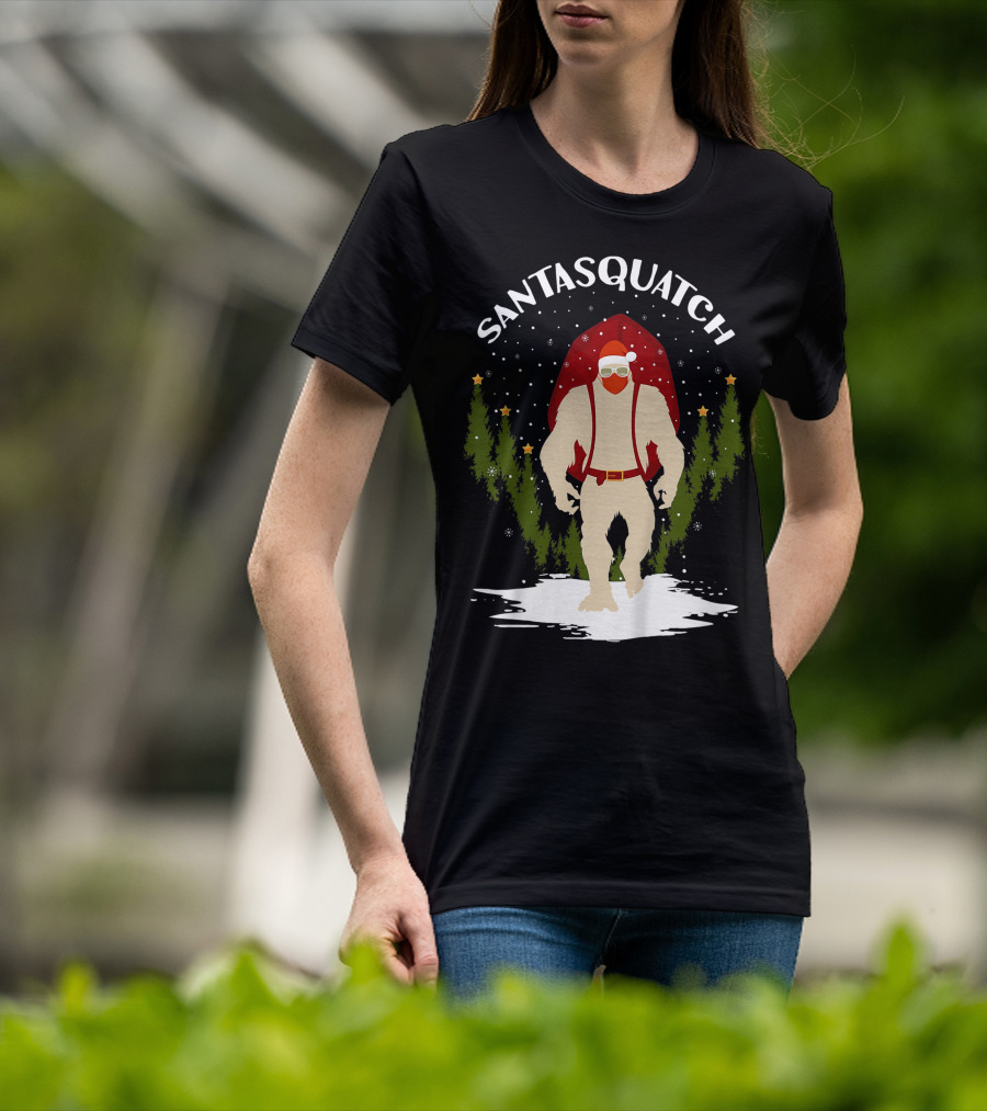 Santasquatch Bigfoot Christmas Santa Hat With Trees And Snowflakes T-Shirt