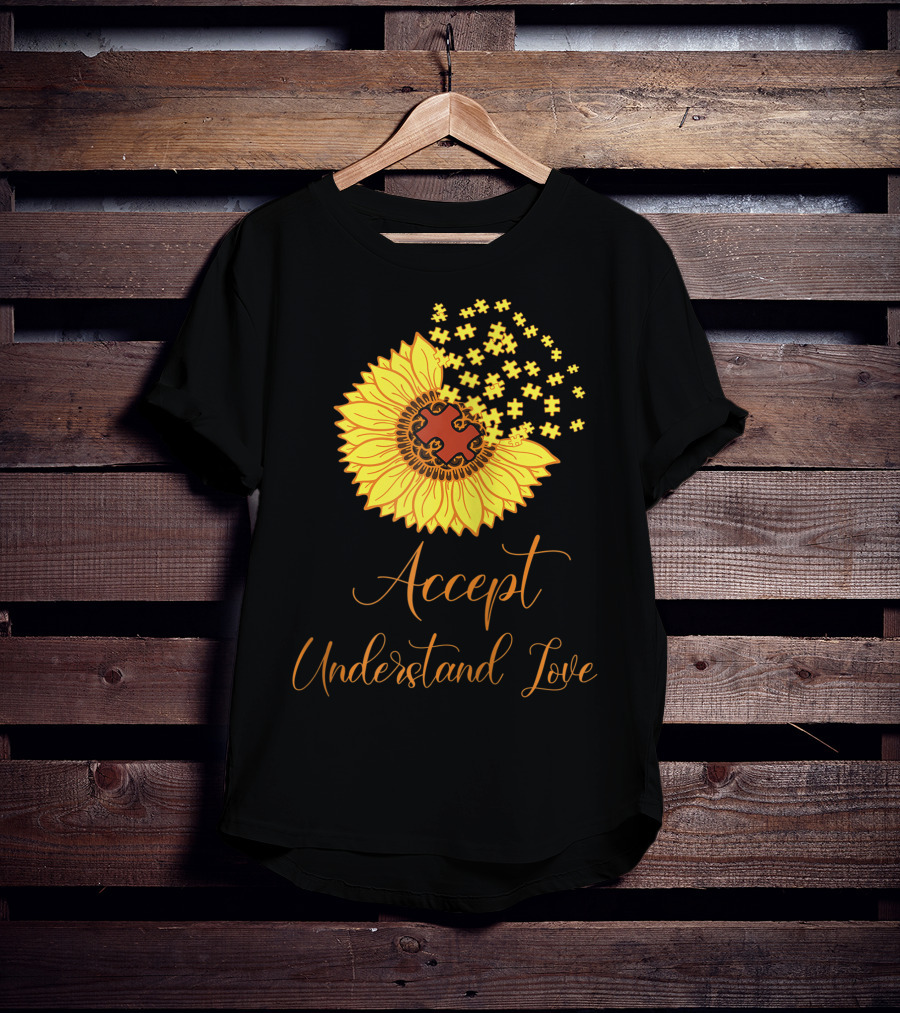 Sunflower Autism Awareness Month Accept Understand Love Puzzle Piece T-Shirt