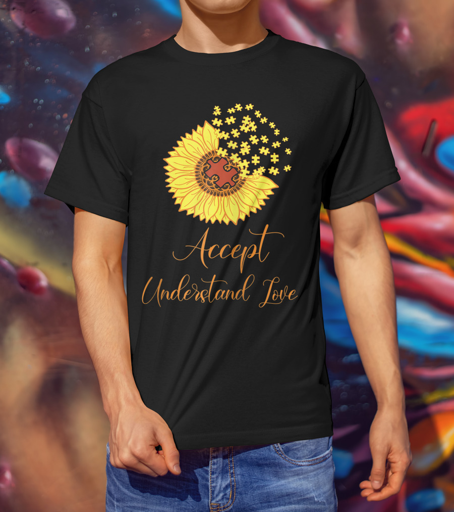 Sunflower Autism Awareness Month Accept Understand Love Puzzle Piece T-Shirt