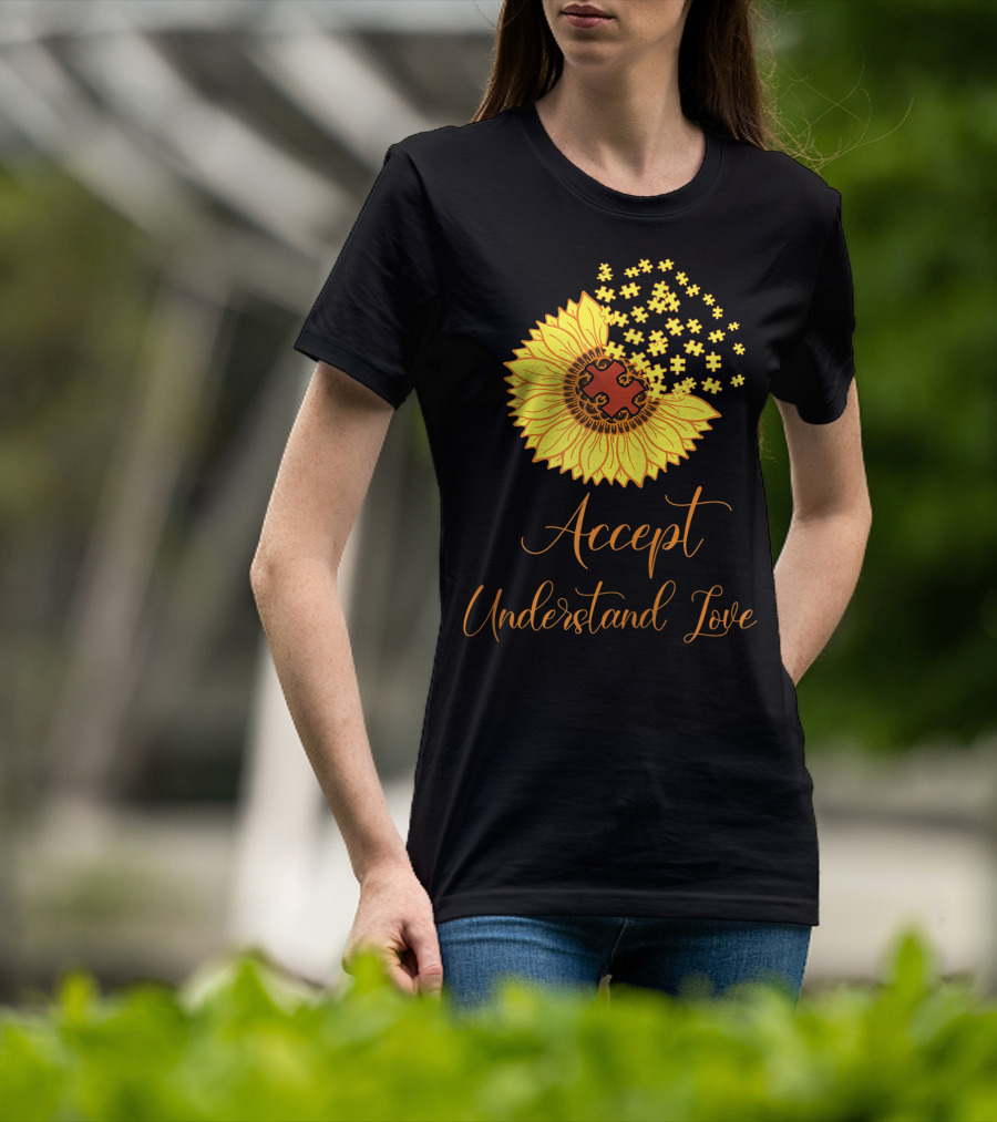 Sunflower Autism Awareness Month Accept Understand Love Puzzle Piece T-Shirt