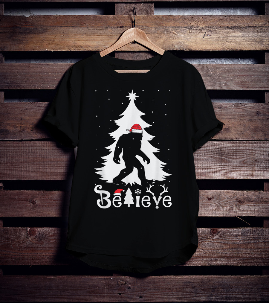 Believe Bigfoot Christmas Santa Hat Snowflakes T-Shirt