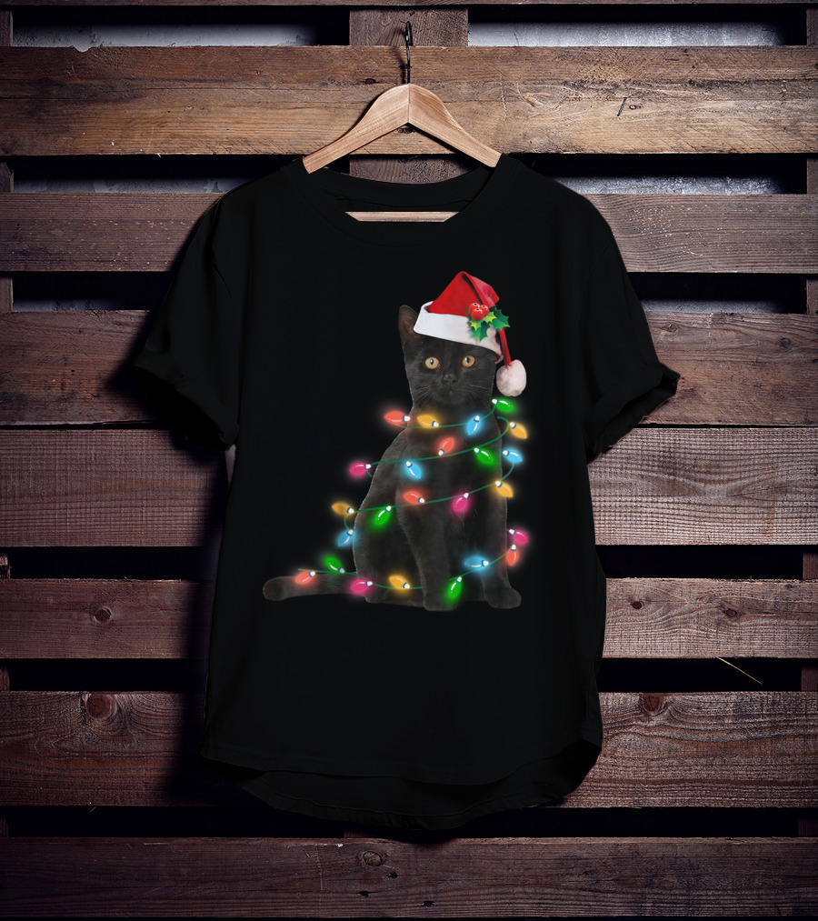 Black Cat In Christmas Lights With Santa Hat For Funny Cat Lover T-Shirt