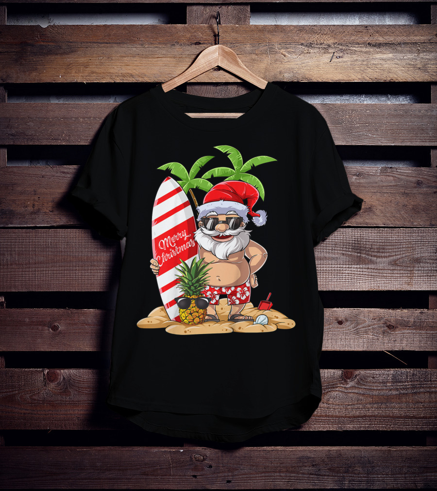 Merry Christmas Santa Hawaiian Surfing Summer Fun Pineapple Beach T-Shirt