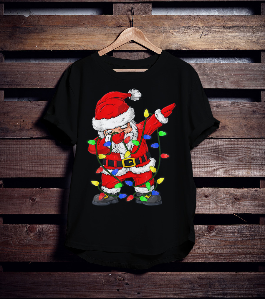 Dabbing Santa Claus Wrapped In Christmas Tree Lights T-Shirt