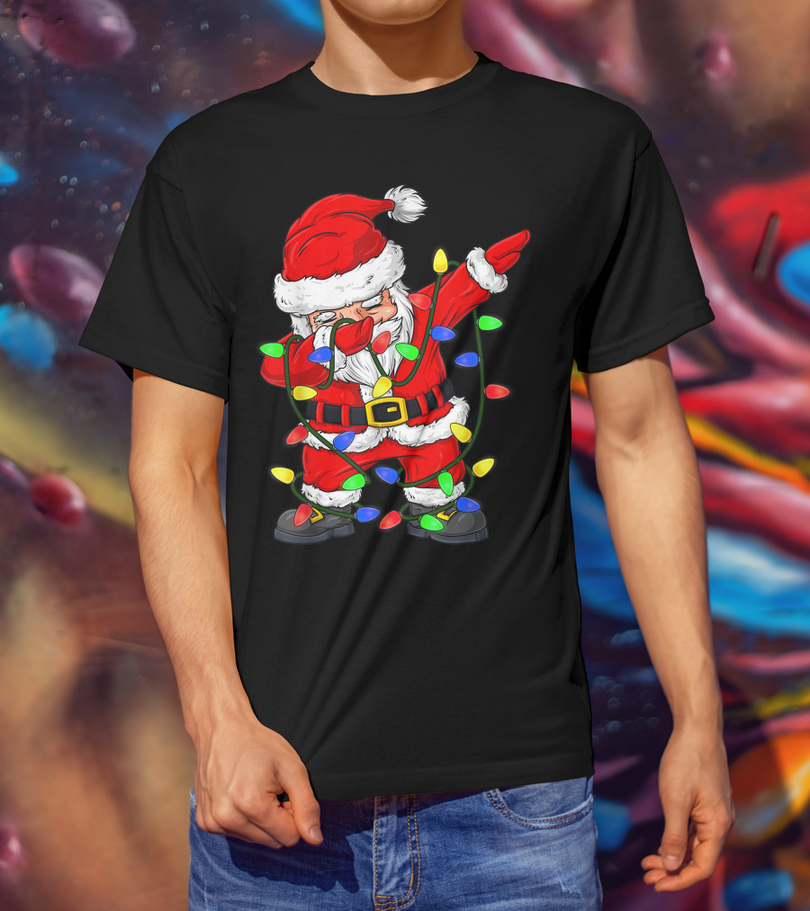 Dabbing Santa Claus Wrapped In Christmas Tree Lights T-Shirt