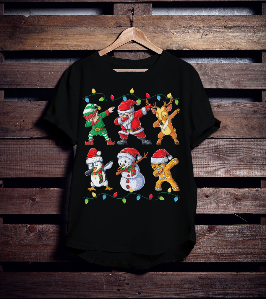 Dabbing Santa Claus Elf Reindeer Penguin Snowman Gingerbread Friends Christmas Lights T-Shirt