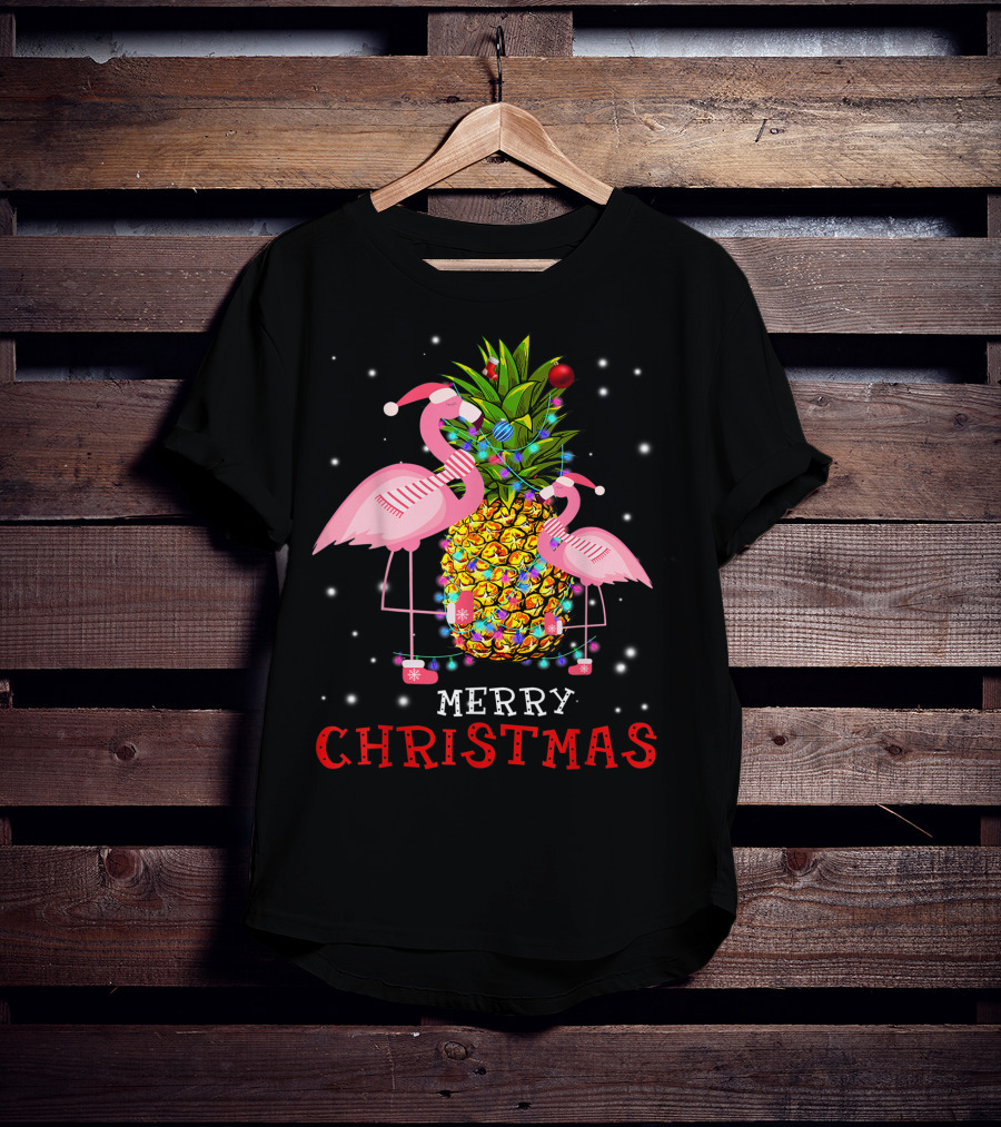 Merry Christmas Flamingo Pineapple With Xmas Lights T-Shirt