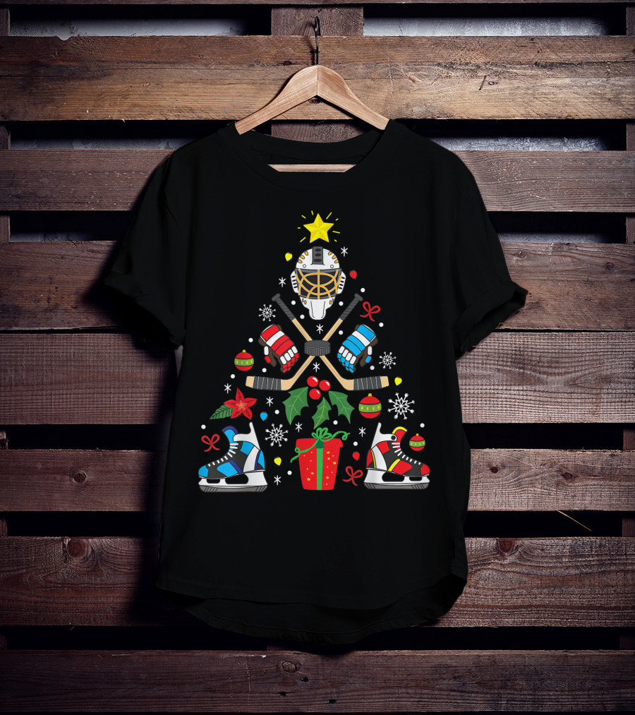 Ice Hockey Christmas Ornament Tree With Skates And Goalie Mask T-Shirt