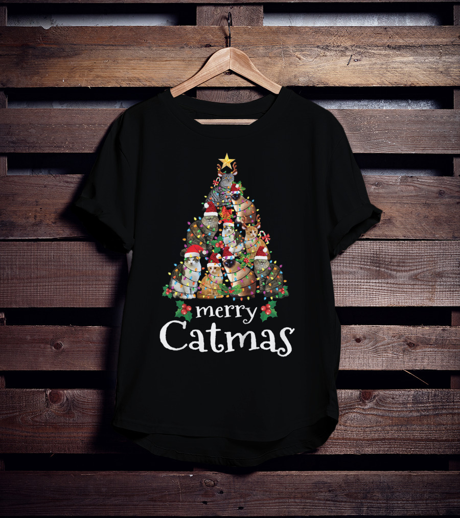 Merry Catmas Xmas Kids Funny Cat Christmas Tree With Cats In Santa Hats And Lights T-Shirt