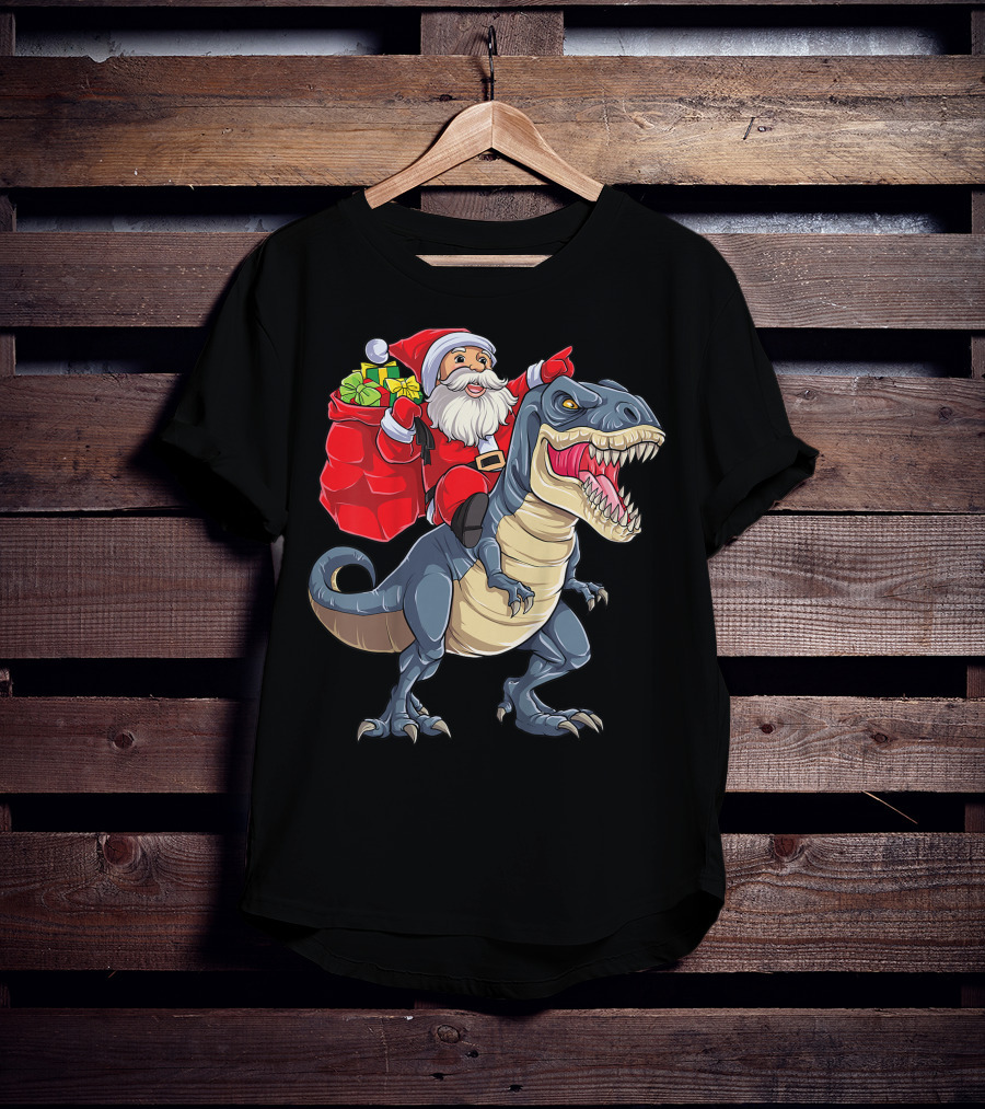 Santa Claus Riding T-Rex With Gifts T-Shirt