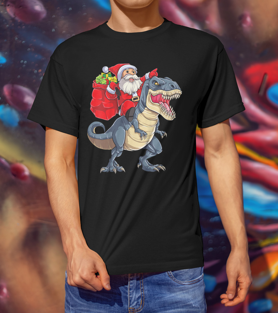 Santa Claus Riding T-Rex With Gifts T-Shirt