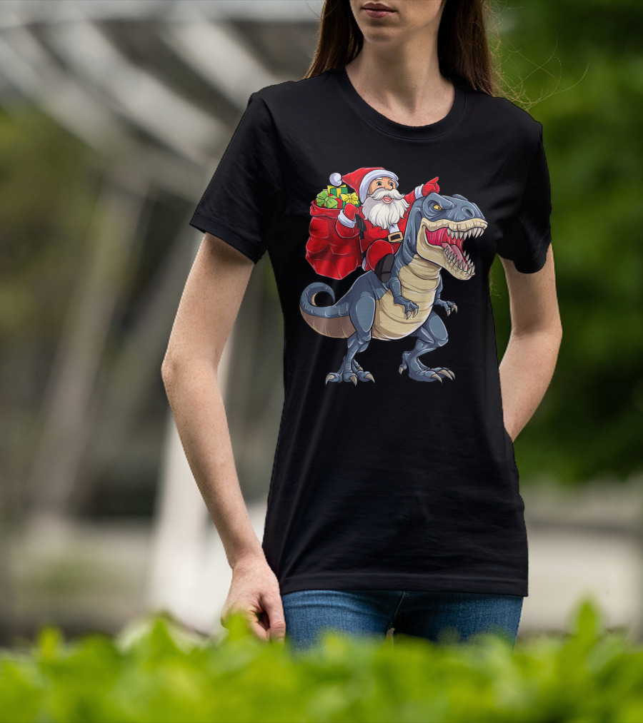 Santa Claus Riding T-Rex With Gifts T-Shirt
