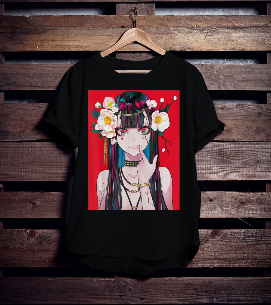 Anime Girl Japanese Aesthetic Otaku Red Background Flowers T-Shirt
