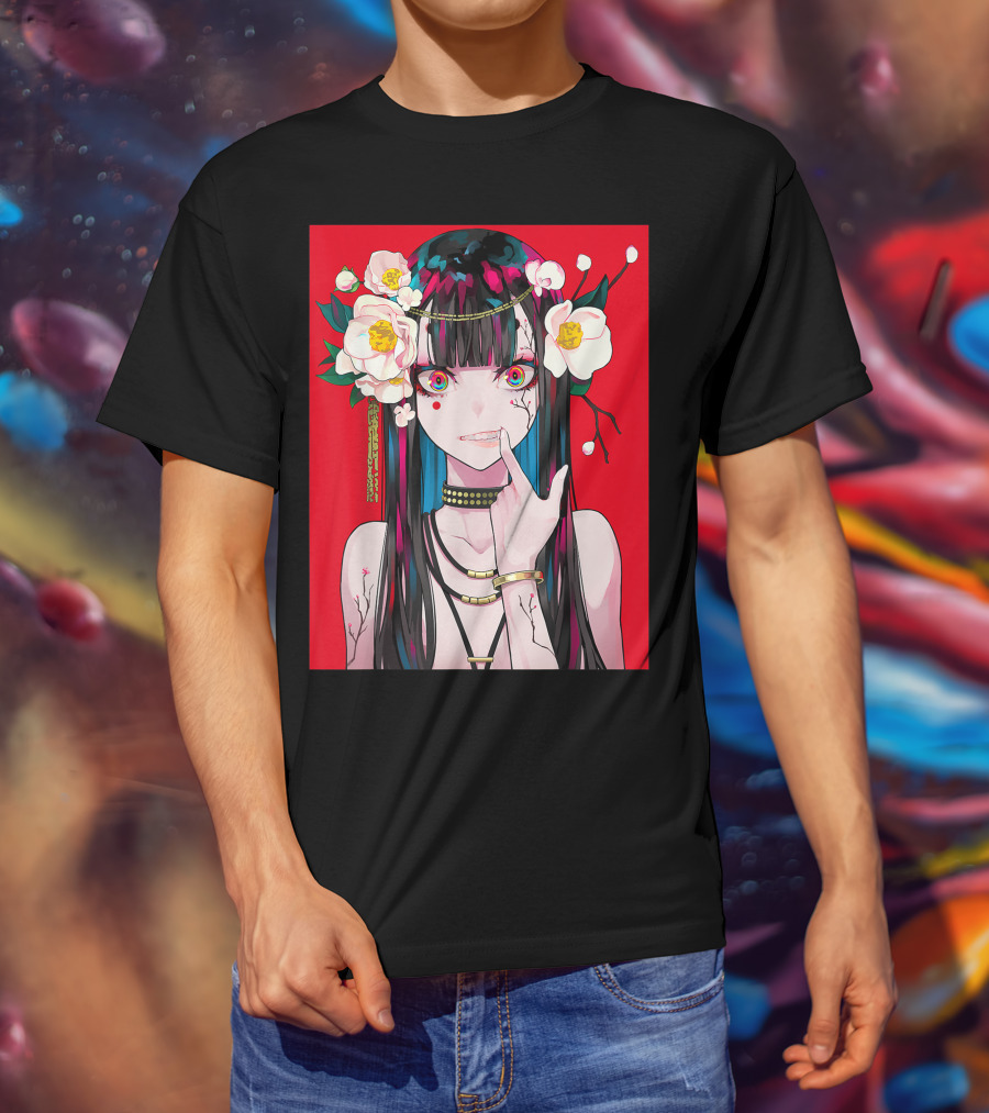 Anime Girl Japanese Aesthetic Otaku Red Background Flowers T-Shirt