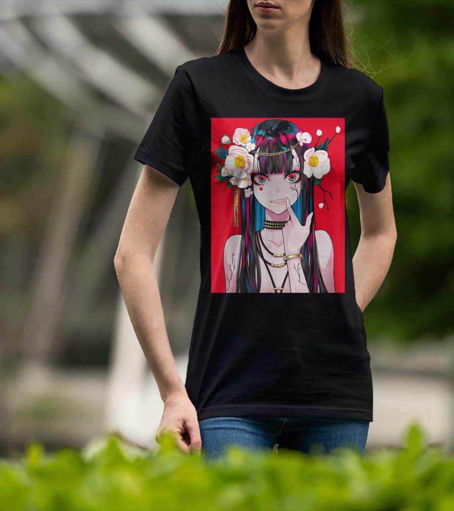 Anime Girl Japanese Aesthetic Otaku Red Background Flowers T-Shirt