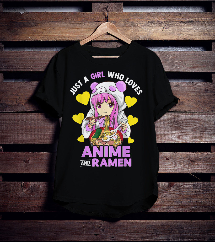 Just A Girl Who Loves Anime And Ramen Panda Hoodie Pink Hair T-Shirt