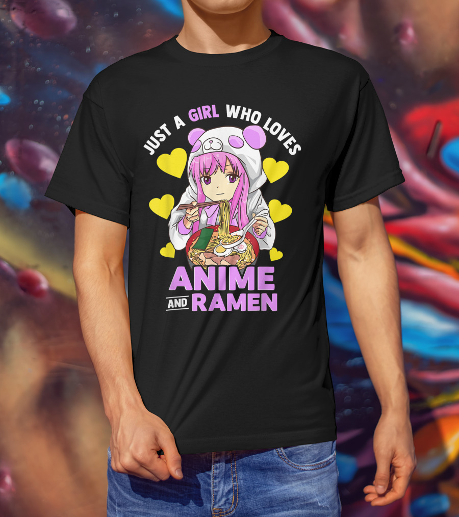 Just A Girl Who Loves Anime And Ramen Panda Hoodie Pink Hair T-Shirt