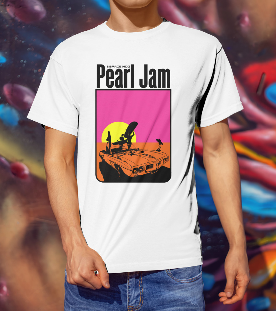 Pearl Jam & Space Hog Surfing Graphic Car Sunset T-Shirt