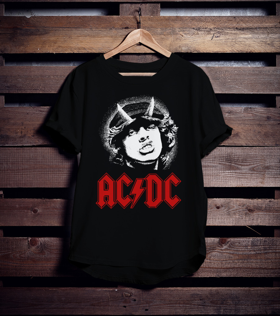 Acdc Rock Band Portrait With Red Logo And Horns T-Shirt