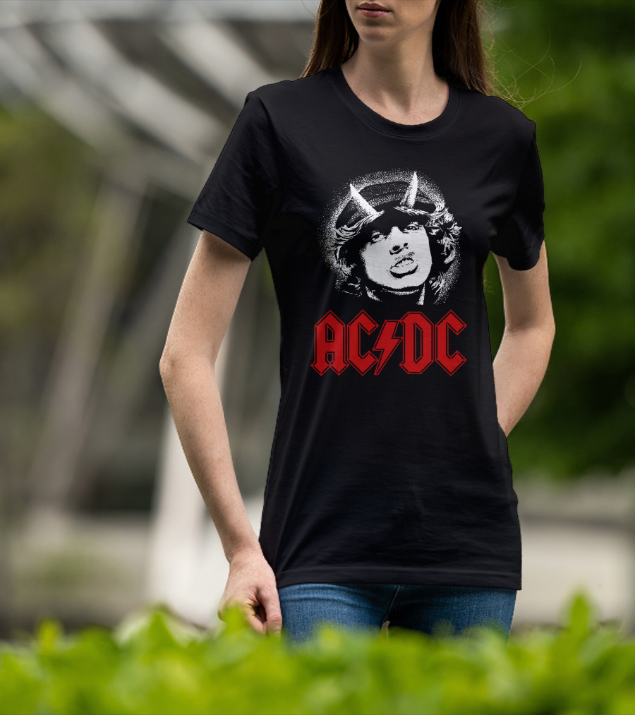 Acdc Rock Band Portrait With Red Logo And Horns T-Shirt