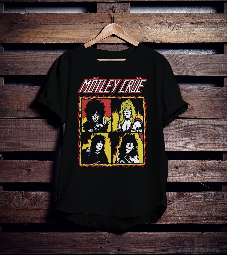 Mötley Crüe Cartoon Band Members Fire Border T-Shirt