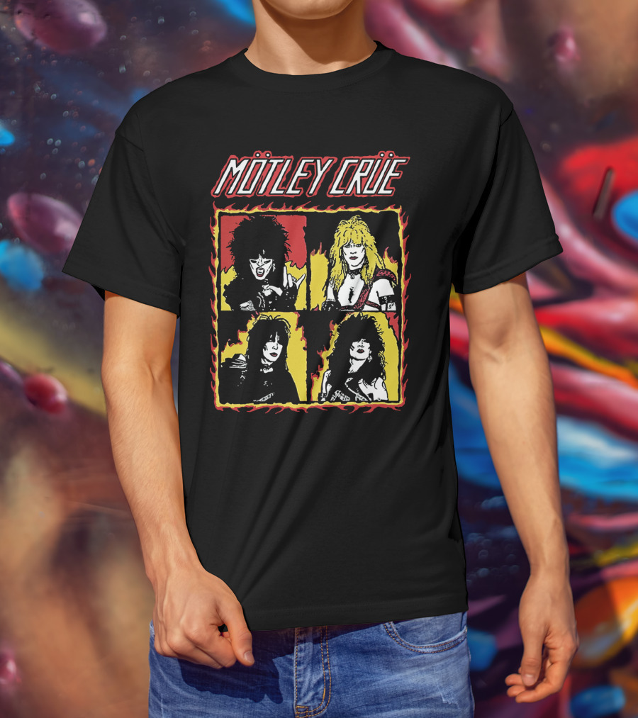 Mötley Crüe Cartoon Band Members Fire Border T-Shirt