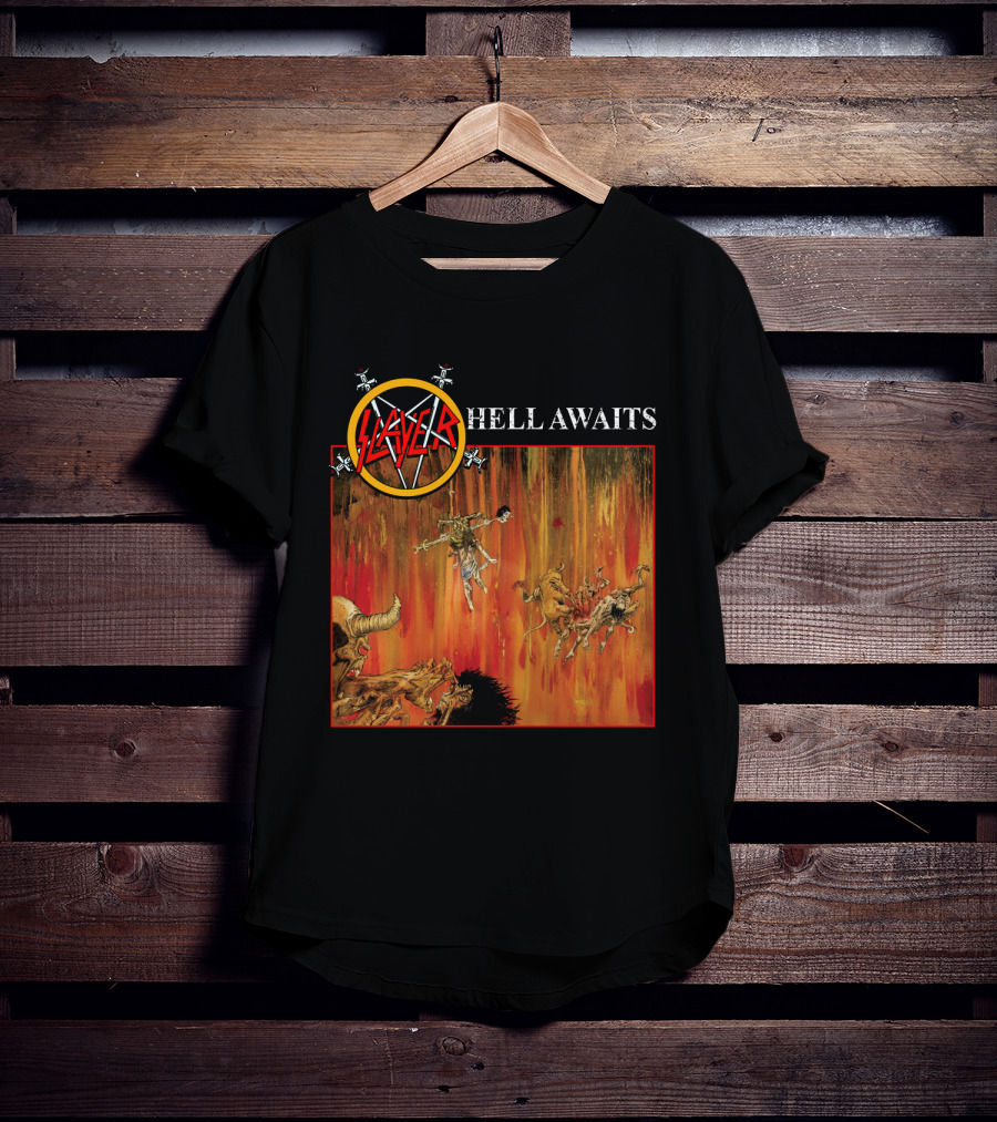 Slayer Hell Awaits Logo With Demonic Falling Figures And Fiery Scene T-Shirt
