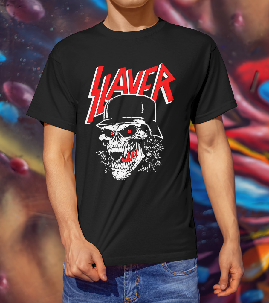 Slayer Skull With Helmet And Red Eyes T-Shirt
