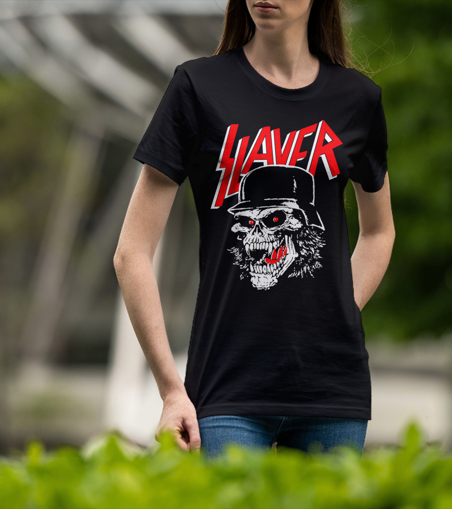 Slayer Skull With Helmet And Red Eyes T-Shirt