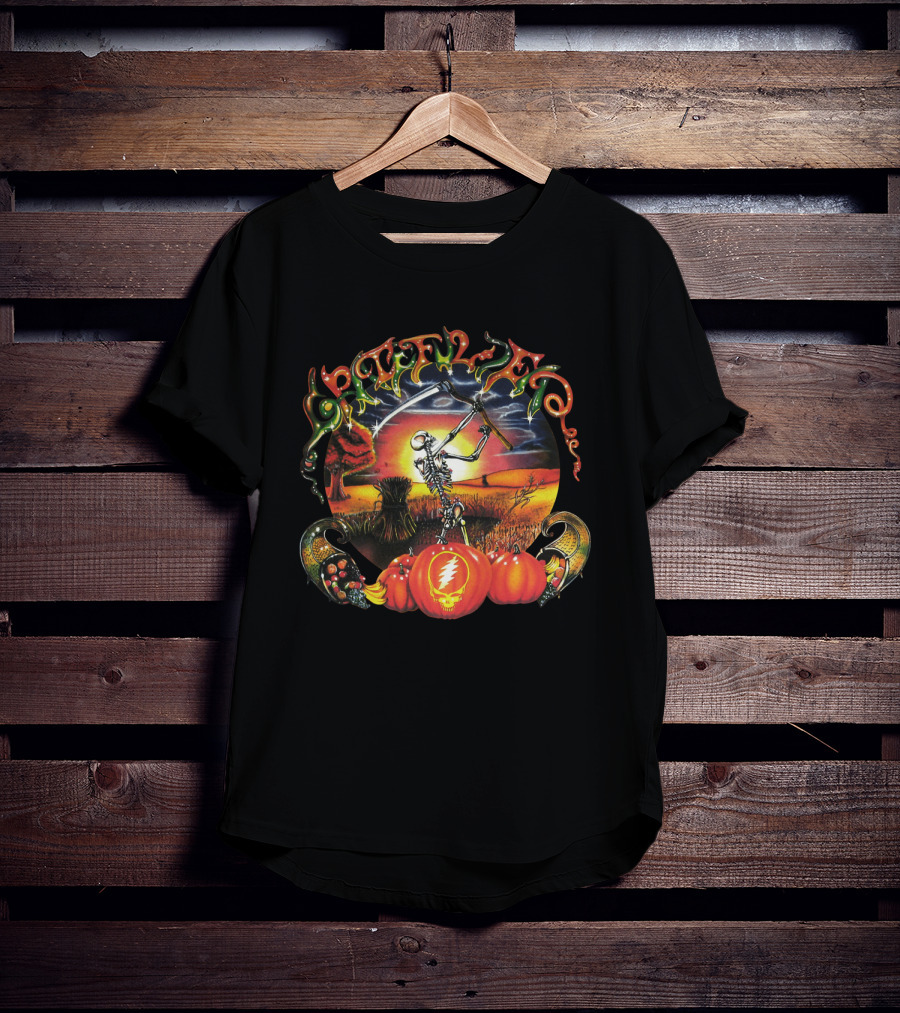 Grateful Dead Skeleton Scythe Harvest Lightning Bolt Pumpkins T-Shirt