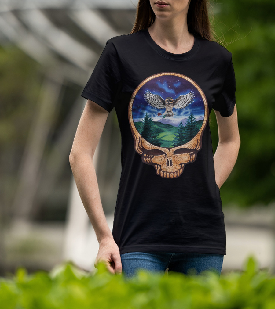 Grateful Dead Steal Your Face Owl In Night Sky Forest Scene T-Shirt