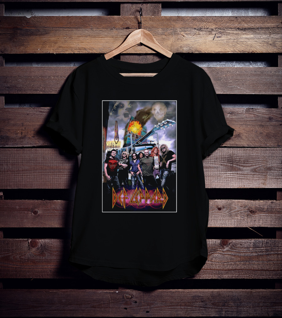 Def Leppard Band Imagery With Skull And Guitar Scene T-Shirt